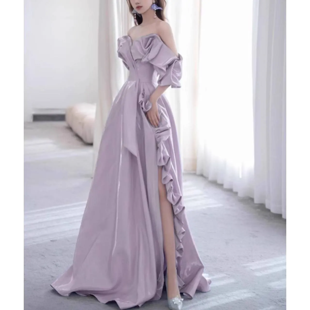 オフショルダー ドレス イブニングドレス フリル Aライン ハイスリット ロング 韓国【K12036】