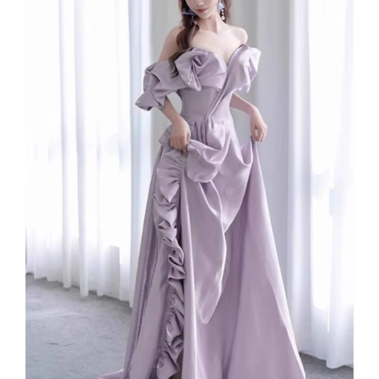 オフショルダー ドレス イブニングドレス フリル Aライン ハイスリット ロング 韓国【K12036】