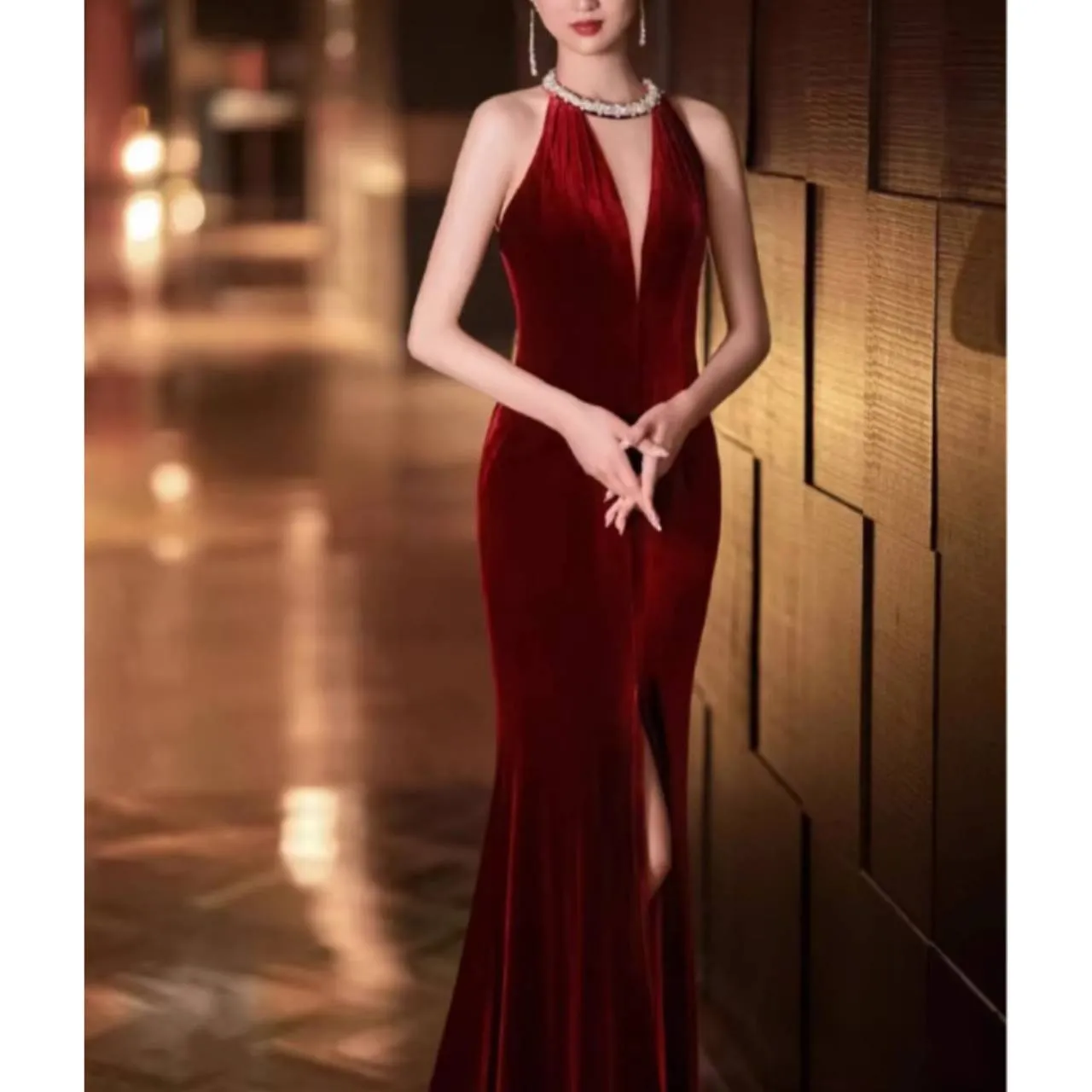 全2色 バックシャン マーメイドドレス ビジュー キラキラ ベルベット ハイスリット ロング 韓国【K11295】