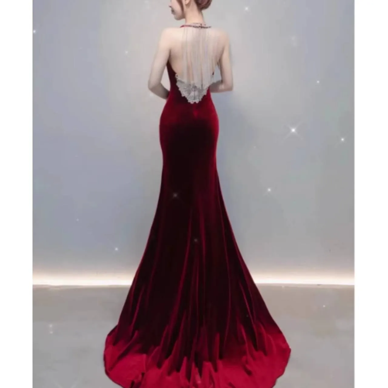 全2色 バックシャン マーメイドドレス ビジュー キラキラ ベルベット ハイスリット ロング 韓国【K11295】