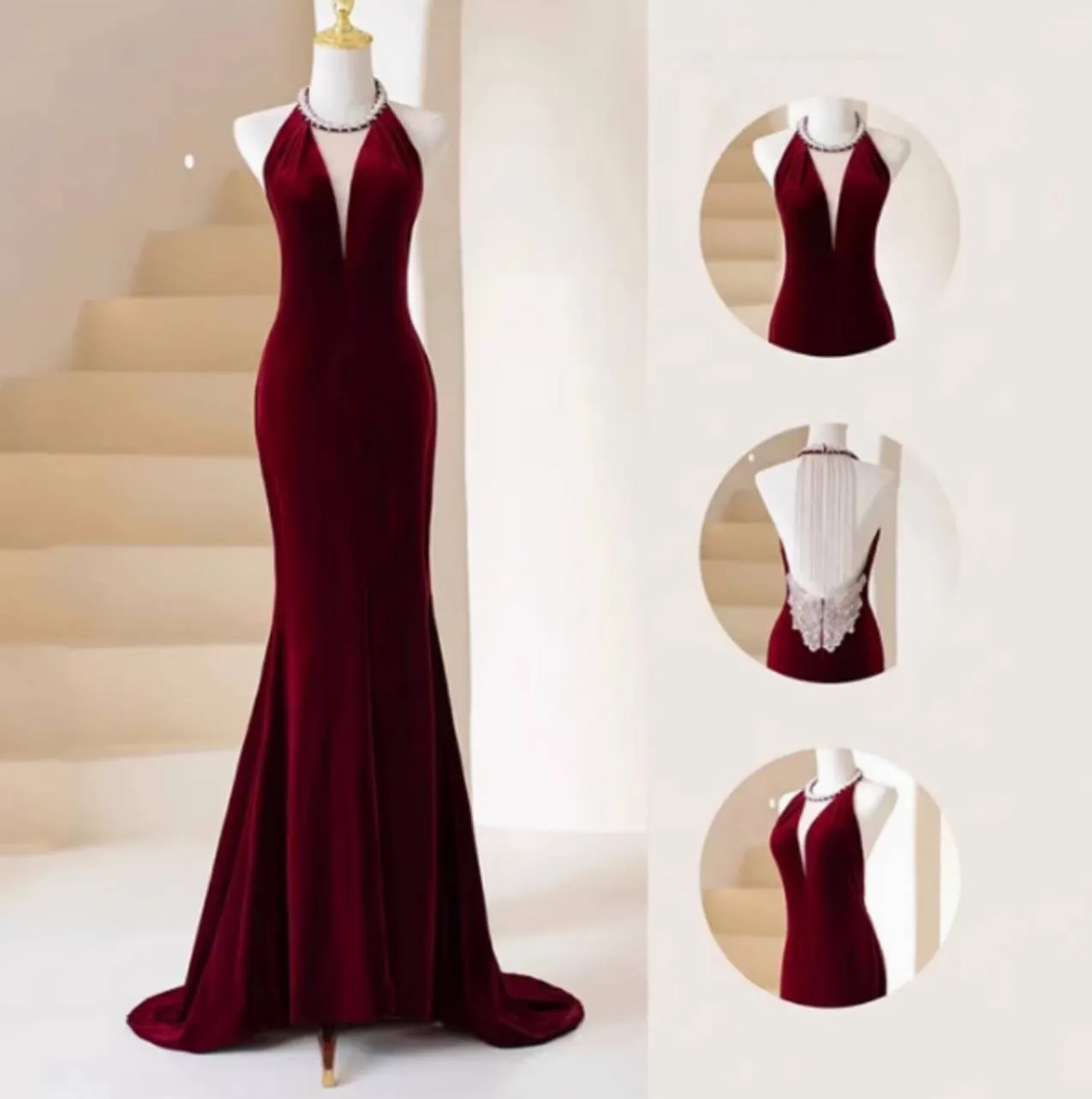 全2色 バックシャン マーメイドドレス ビジュー キラキラ ベルベット ハイスリット ロング 韓国【K11295】