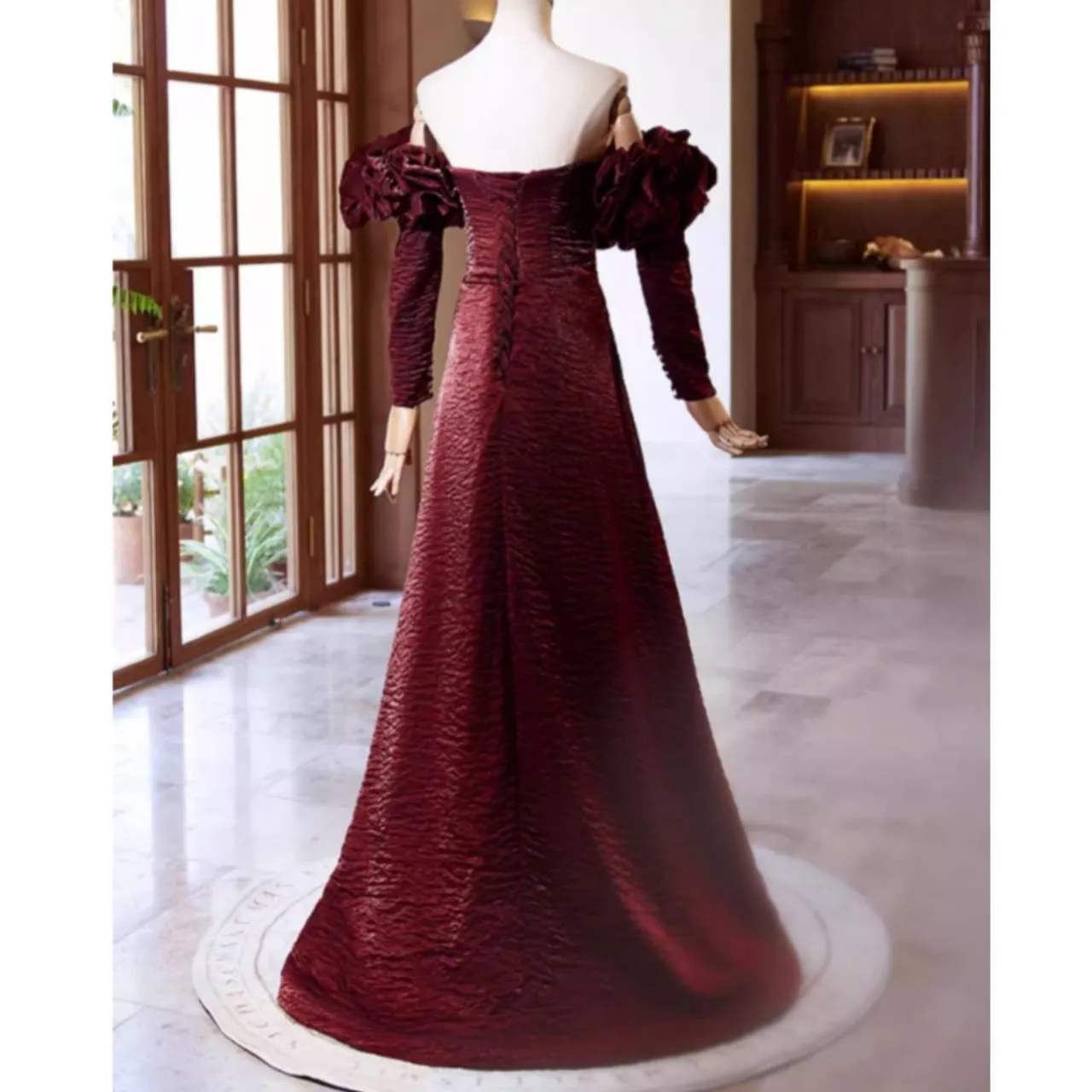 オフショルダー ドレス イブニングドレス 長袖 3Dフラワー フリル バックレースアップ Aライン 韓国【K12824】