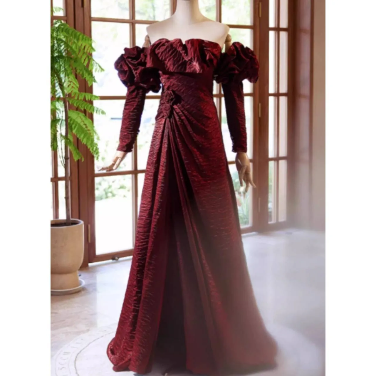 オフショルダー ドレス イブニングドレス 長袖 3Dフラワー フリル バックレースアップ Aライン 韓国【K12824】