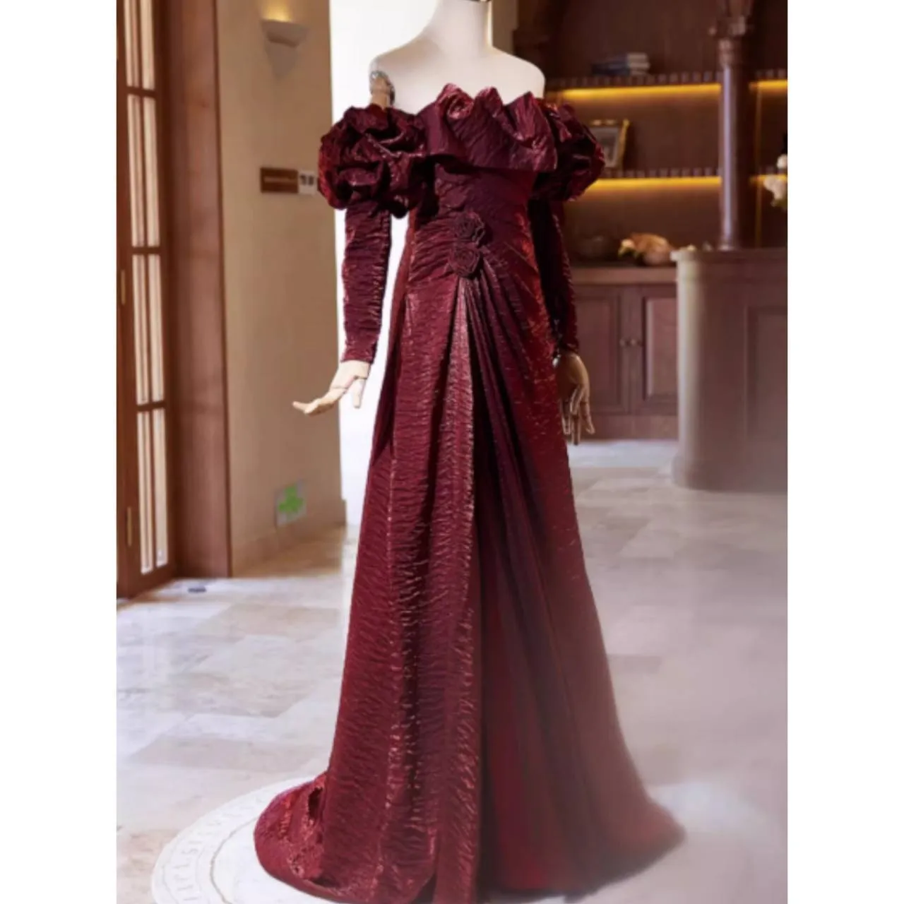 オフショルダー ドレス イブニングドレス 長袖 3Dフラワー フリル バックレースアップ Aライン 韓国【K12824】