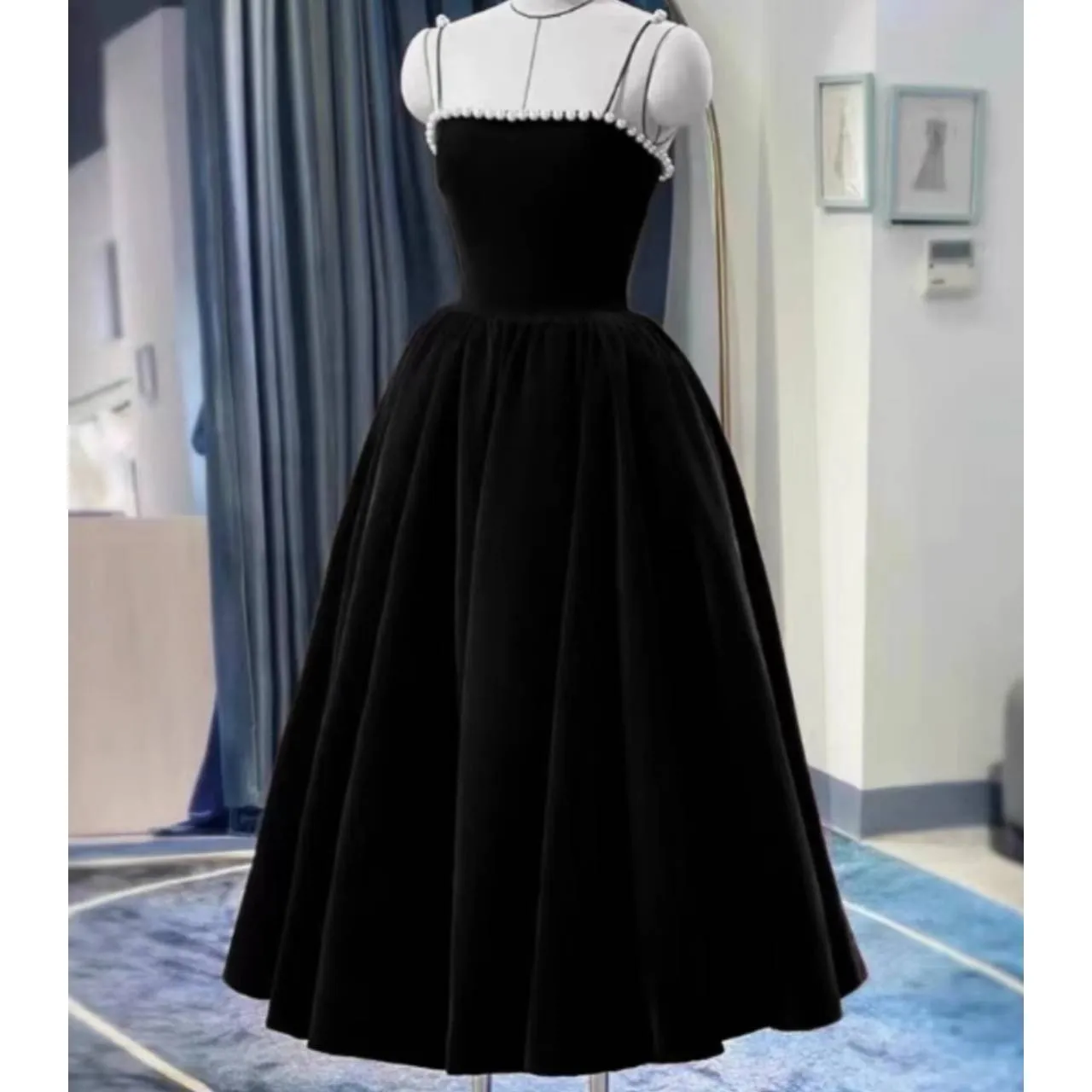 全2色 ドレス キャミドレス ベルベット パールライン ハイウエスト Aライン フレア ミドル丈 韓国【B4806】
