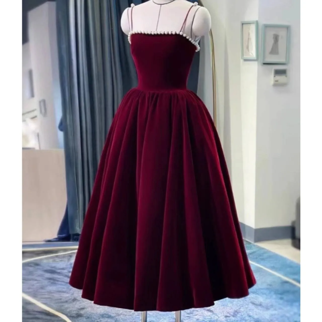 全2色 ドレス キャミドレス ベルベット パールライン ハイウエスト Aライン フレア ミドル丈 韓国【B4806】